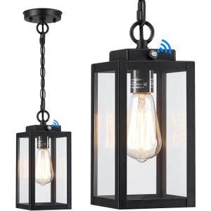 11'' Dusk to Dawn Outdoor Pendant Light, Modern Outside Chandelier Outdoor Hanging Lantern Light, Matte Black with Clear Glass, Exterior Pendant Lighting Fixture for Porch, Yard, Gazebo, 1Pack (Small)