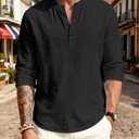 Men's Linen Shirts Henley T-Shirts Long Sleeve Casual Beach T-Shirts Solid Tops Shirts for Men (Black, XL)
