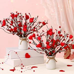 Nitial 2 Pcs Valentines Day Decorations Valentines Heart Picks Artificial Red Berry Stems with Vase Red Hearts Flower Berry Stem Branches for Wedding Table Centerpiece Home Decor