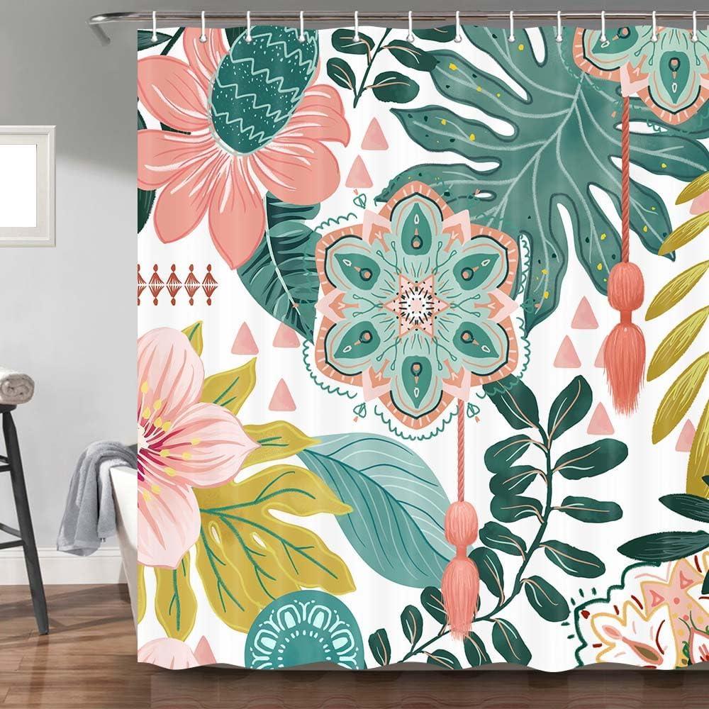 Torich Abstract Boho Floral Botanical Shower Curtain, Bohemian Mid Century Morden Teal Decor Bathroom Curtains, Waterproof Fabric Shower Curtains Set with Hooks 36X72