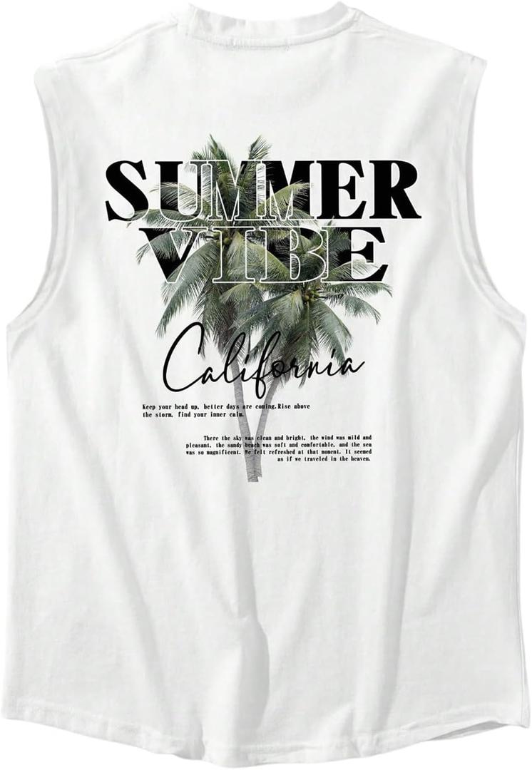 Men's Sleeveless Summer Tank Tops Tropical Crew Neck Cool Cut Off Muscle Shirts (White, M)