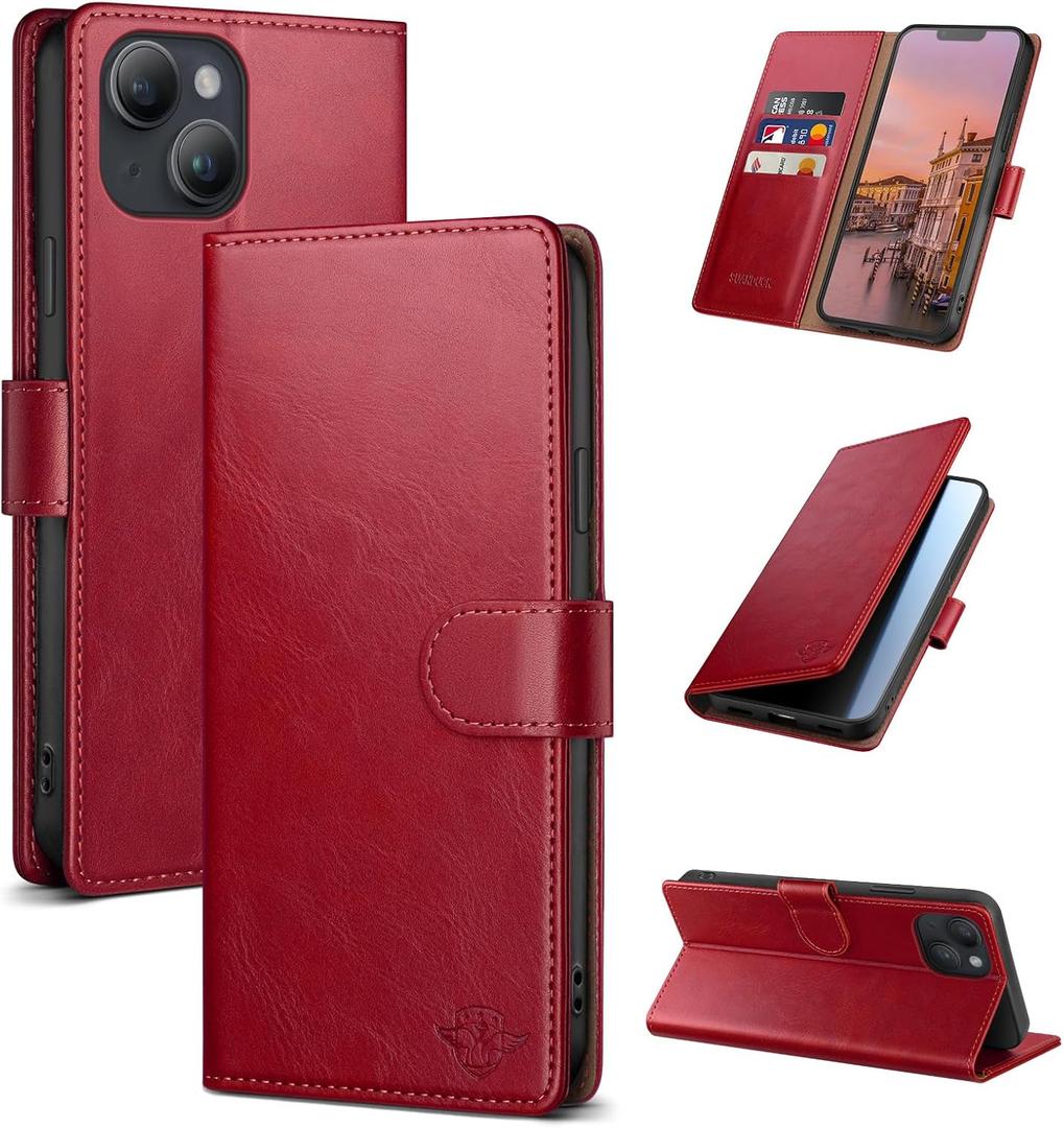 Wallet Case for iPhone 14 6.1" with RFID-Blocking Credit Card Holder, PU Leather Folio Flip Cover Women Men Protective Phone Case Compatible with Apple 14, Red