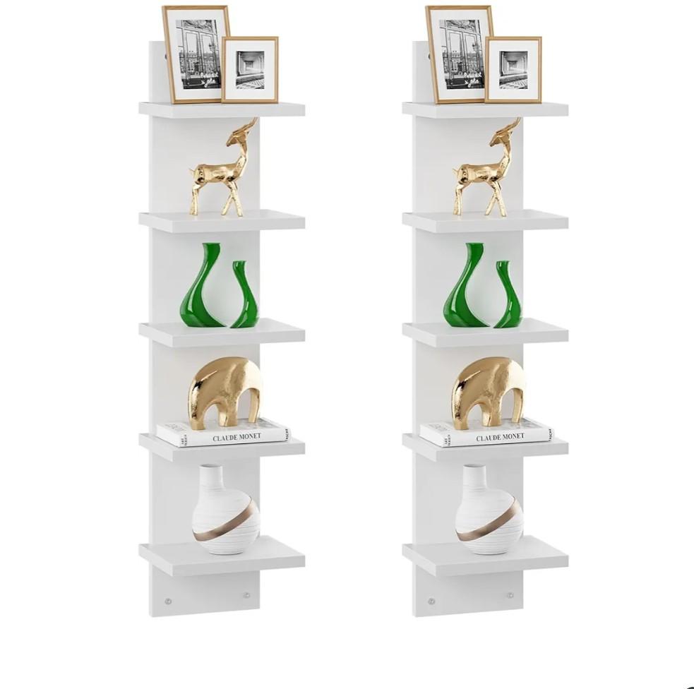 IBUYKE 5-Tier Modern Wall-Mounted Shelf, White Vertical Shelf, Floating Storage, Organizer, Tall Tower Design, Decorative Wall Mount Shelving for Home, Bedroom, Living Room, Office Decor WBC009W-2