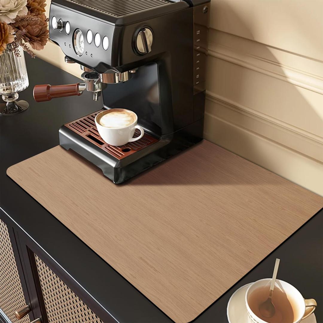 Coffee Mat Coffee Bar Mat - Absorbent Rubber Backed Coffee Pot Cup Holder Quick Drying Mats Fit Under Coffee Maker Espresso Machine Coffee Bar Accessories Kitchen Counter Dish Drying Mat 23"x15", Wood