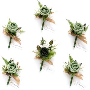 Ling's moment Boutonniere for Men, 6pcs Groom Groomsmen Boutonniere with Built-in Pins, Artificial Flowers for Wedding Decor/Prom/Homecoming, etc. Green Beige