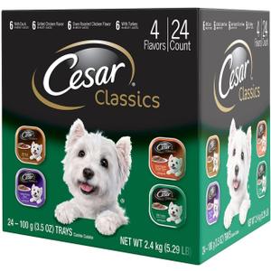 Cesar Classic Loaf in Sauce Adult Wet Dog Food with Duck, Oven Roasted Chicken, Grilled Chicken, and Turkey Recipes, 3.5 oz. Easy Peel Trays, Variety Pack (24 Count, Pack of 1) (EXP 09/30/27)
