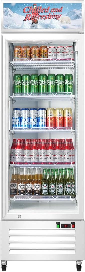 Velieta Commercial Beverage Refrigerator with Glass Door, 383L Display Fridge Beverage Cooler with Customizable Lightbox Adjustable Shelves, Drink Fridge Merchandiser for Restaurant Shop, White