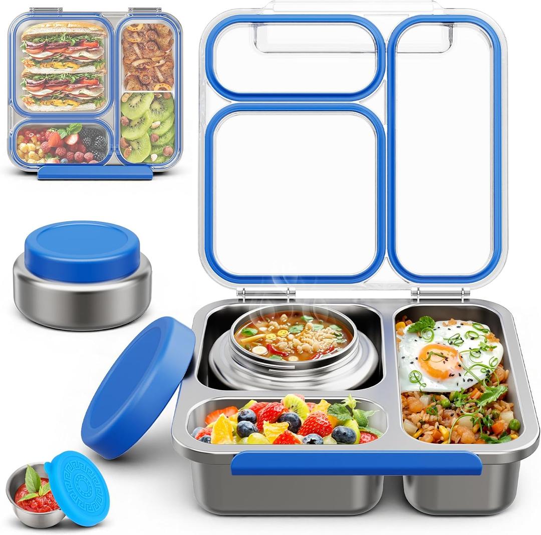 Stainless Steel Bento Box Kids Adult with 7oz Soup Thermo, Transparent Lid 3 Compartments Metal Bento Lunch Box with Insulated Food Jar,Lunch Box Container Sauce Cup for School,BPA-Free(Blue)