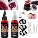 10 pcs Halloween Fake Blood Coagulated(1.06oz)+Spray(2.03oz)+Dripping(2.03oz) Vampire fangs teeth(3 pairs),Washable Blood Splatter Makeup,Realistic Edible Bloods for Clothes, Makeup for Costume