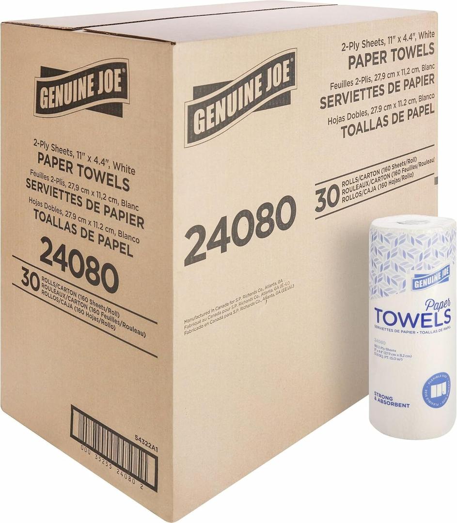Genuine Joe-GJO24080 2-Ply Household Roll Paper Towels (Pack of 30) - WHITE, 160 Count