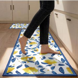 Sliner Blue 2 Pcs Lemon Kitchen Mats Lemon Kitchen Rugs for Floor Washable Soft Non Slip Carpet for Bathroom Sink Laundry Decor, 17" x 30" + 17" x 47"