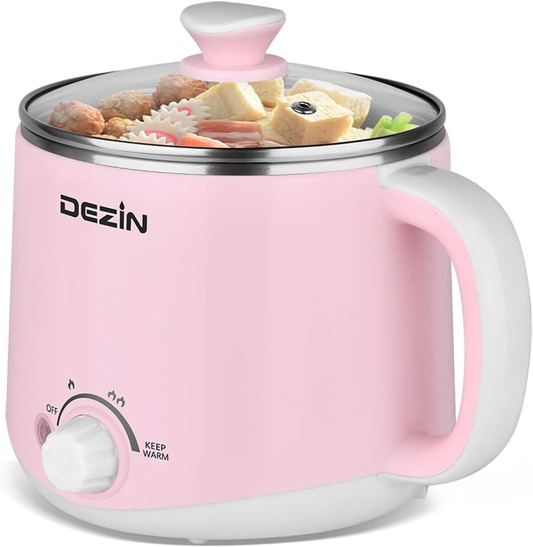 Dezin Hot Pot Electric, Rapid Noodles Cooker, Stainless Steel Electric Pot 1.6 Liter, Perfect for Ramen, Egg, Pasta, Dumpling, Soup, Porridge, Oatmeal with Temperature Control and Keep Warm Function (1.7 Quarts, Pink)