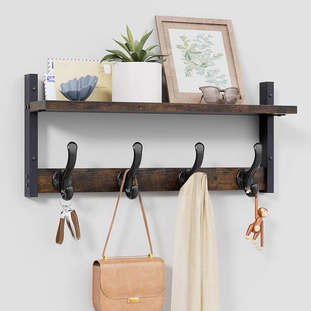 Tatub 20" Rustic Coat Rack Wall Mount with Shelf, Wall Hooks with Shelf, Heavy Duty Entryway Organizer Hangers for Hanging, Hat, Bag, Jacket for Bathroom, Living Room, Bedroom, Rustic Brown