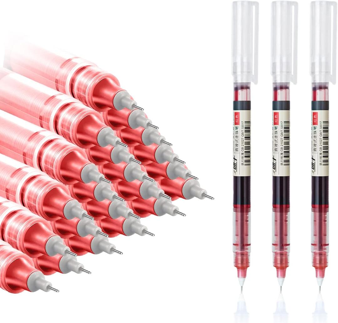 24 Pieces Rolling Ball Pens, Quick Dry Ink 0.5 mm Extra Fine Point Pens Liquid Ink Pen Rollerball Pens (Red-24 PCS)