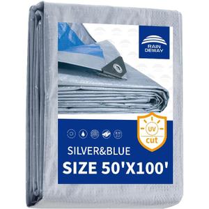 RAINDEWAY Large Tarps 50x100 Feet, 5.5 Mil - Multipurpose Waterproof Poly Tarp Cover with Metal Grommets and Reinforced Edges, Silver/Blue Tarp
