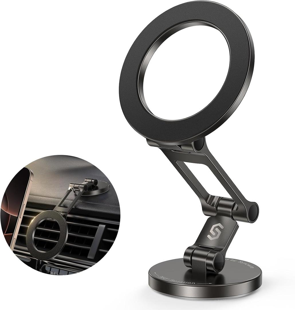 Syncwire Fits MagSafe Car Mount for Car Dash&Tesla Screen[All-Metal] Magnetic Phone Holder, [Flexible Three-axis]360 Rotation Car Mount Strong Magnets Car Phone Holder for iPhone 16 15 14 13 Pro Max (Titanium Black)