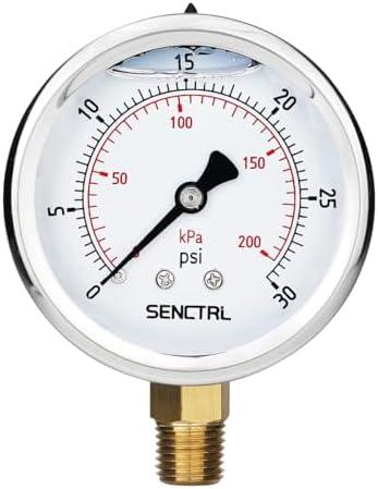 SENCTRL 0-30 PSI Glycerin Liquid Filled Low Pressure Gauge, 2.5" Dial Size, 1/4 NPT, Stainless Steel Case, Lower Mount, for Water Oil Air Pressure Test