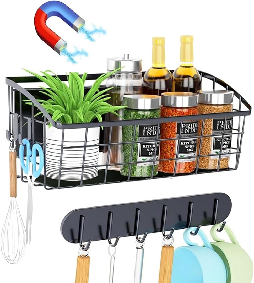 1Pack Magnetic Shelf for Refrigerator, with 2 Moveable Hooks and 1 Hook Rack, Magnetic Fridge Shelf, Fruit Potato Onion Storage Shelves, Large Magnetic Spice Rack Organizer for Fridge, Oven, Laundry