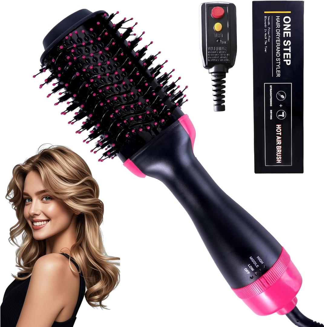 4-in-1 Hair Dryer Brush - Ionic Ceramic Titanium Brush Blow Dryer Hot Air Styler for Frizz-Free Blowouts, Salon Volumizer & Straightener with ALCI Safety Plug, 3 Heat Settings