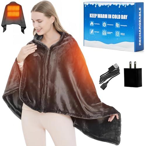 Portable USB Heated Blanket, 59" x 33.5" Soft & Comfortable Heated Blanket Shawl for Indoor Outdoor Cordless Fast Heating with 3 Heat Levels