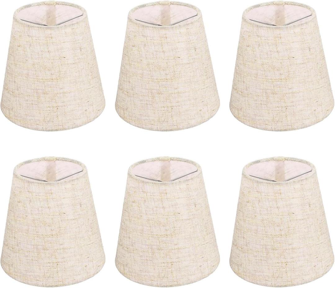Set of 6 Clip On Lamp Shades, 3.5x5.5x5 Inch Mini Chandelier Shades, Natural Linen Fabric Replacement for Table Wall Lamps
