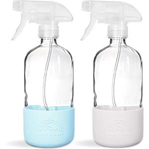 SAVVY PLANET - Glass Spray Bottles for Cleaning, Silicone Sleeve Bottom for Protection, Reusable Glass Spray Bottles 16 Oz With Adjustable Nozzle Settings (2 Pack) (Pastel Blue & Cream White)