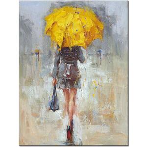 Abstract Canvas Painting A Rainy Walk Girl with Yellow Umbrella Wall Art Modern Artwork for Office Home Decoration (24"L x 16"W)