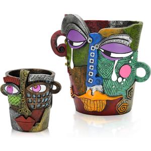 Abstract Face Planters Pots - Whimsical Hand-Painted Ceramic Face Pot for Succulents, Unique Planters for Indoor Garden Decor, Artistic Home & Office Desk Decoration（1small& 1 big）