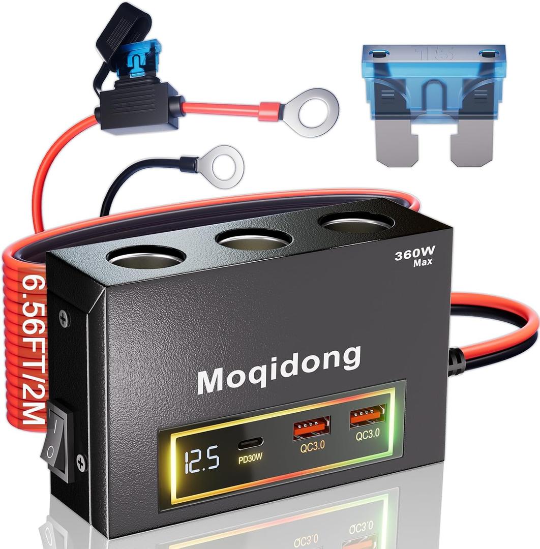 360W Car Cigarette Lighter Adapter with Eyelet Terminal: 15A Metal 12V Cigarette Lighter Socket 30W USB C Car Power Outlet Socket 12V Splitter Boat USB Charging Port Battery Terminal Adapter