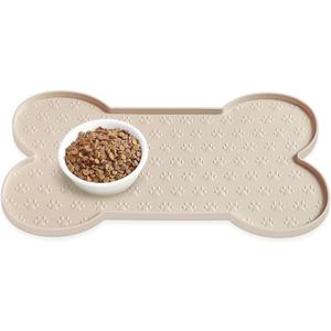 Dog Food Mat Anti-Slip Silicone Dog Bowl Mat Thicker Pet Placemat Waterproof Cat Feeder Pad with Raised Edge Puppy Kitten Feeding Mats Suitable Small Medium-Sized Dogs Cats Eating Tray (19.4" x 9.8", Beige)