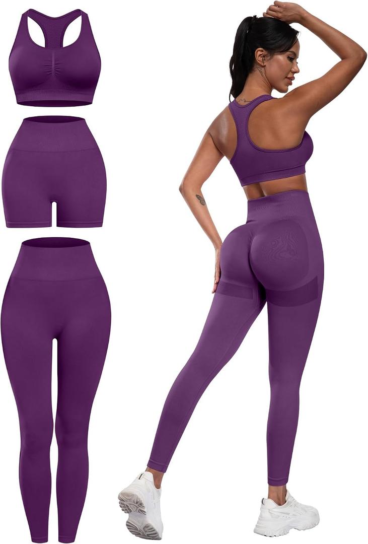 3 Piece Workout Sets for Women Butt Lifting Leggings with High Impact Sports Bra Gym Shorts (Purple, XXL)