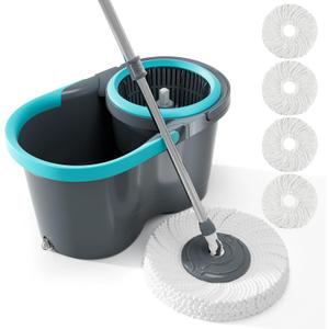 JOYMOOP Spin Mop and Bucket, 360 Mop Head & Telescopic Handle, Wet and Dry Use, 4 Reusable Microfiber Refills, Hands-Free Cleaning for Hardwood, Tile, Laminate Floors & Walls