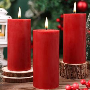 2.8x6 Inch Soy Pillar Candles 270 Hours Long Burning Natural Soy Wax Candles Smokeless Red Pillar Candles Dripless Handmade Pillar Candle for Wedding Table Home, 3 Pack