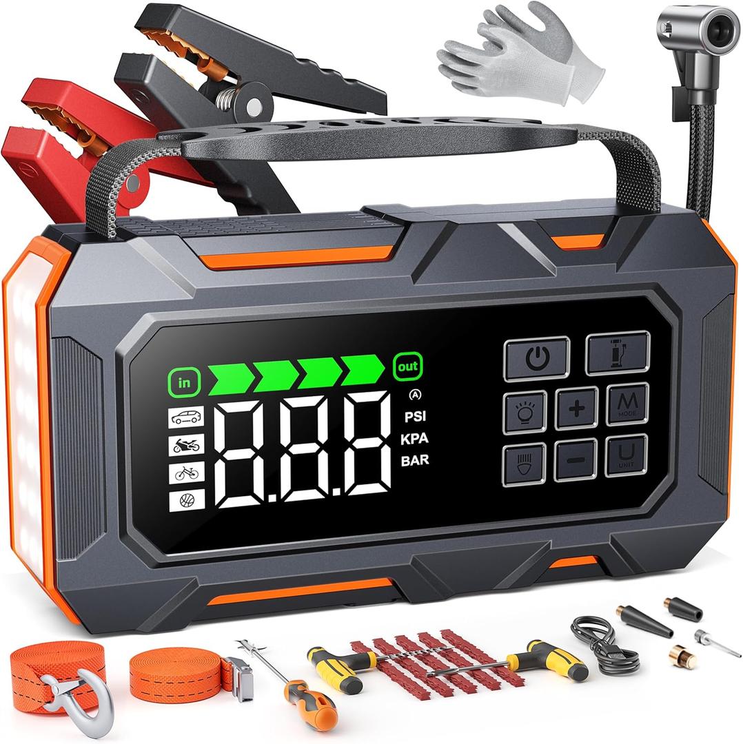 Portable Jump Starter with Air Compressor 8000A 160PSI, 16-in-1 Car Battery Jump Starter with Emergency Kit, Auto-Shutoff Tire Inflator, Jumper Cables, Jump Box Car Battery for All Gas/14L Diesel