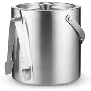 FineDine Double-Wall Stainless Steel Insulated Ice Bucket with Lid & Ice Tong [3 Liter] Included Strainer Keeps Ice Cold & Dry, Carry Leather Handle, Home Bar, Chilling Beer, Champagne, Wine Bottle