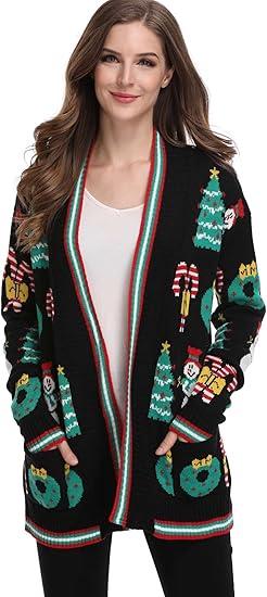 Xmas Women Knit Santa Printed Sweaters Ugly Christmas Long Sleeve Winter Loose Cardigan Black XXL