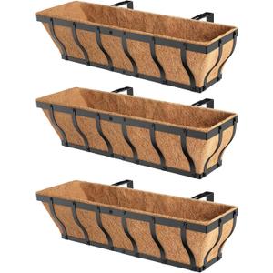 Railing Planter Boxes, Heavy Duty Window Box Planters, Adjustable Balcony Planters for Railing Hanging, with Coco Liner & Support Rod for Deck, Porch, and Patio Gardening (3 Pack, 24 Inch)