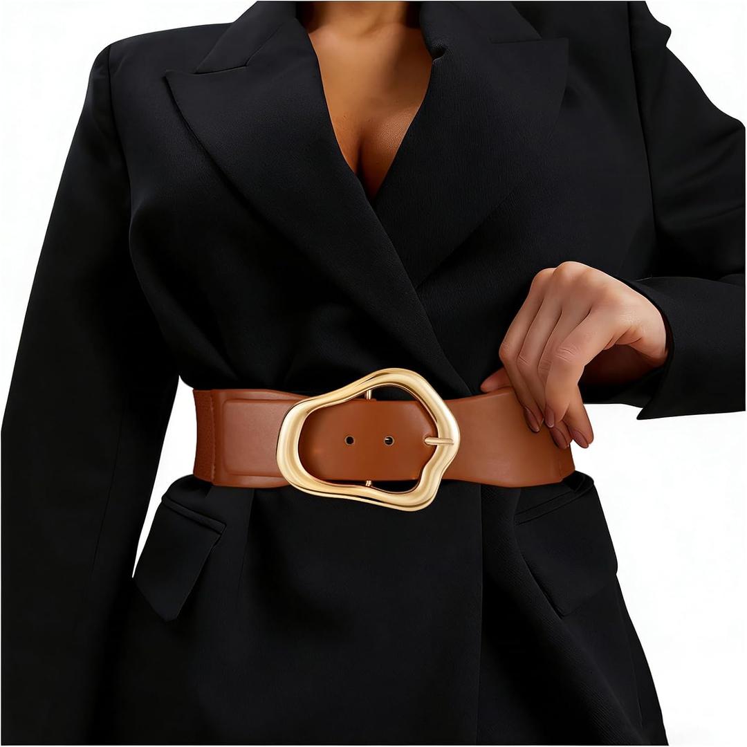 XZQTIVE Women Wide Elastic Waist Belt for Dresses Fashion Big Gold Buckle Stretchy Leather Waistband for Ladies (Brown)