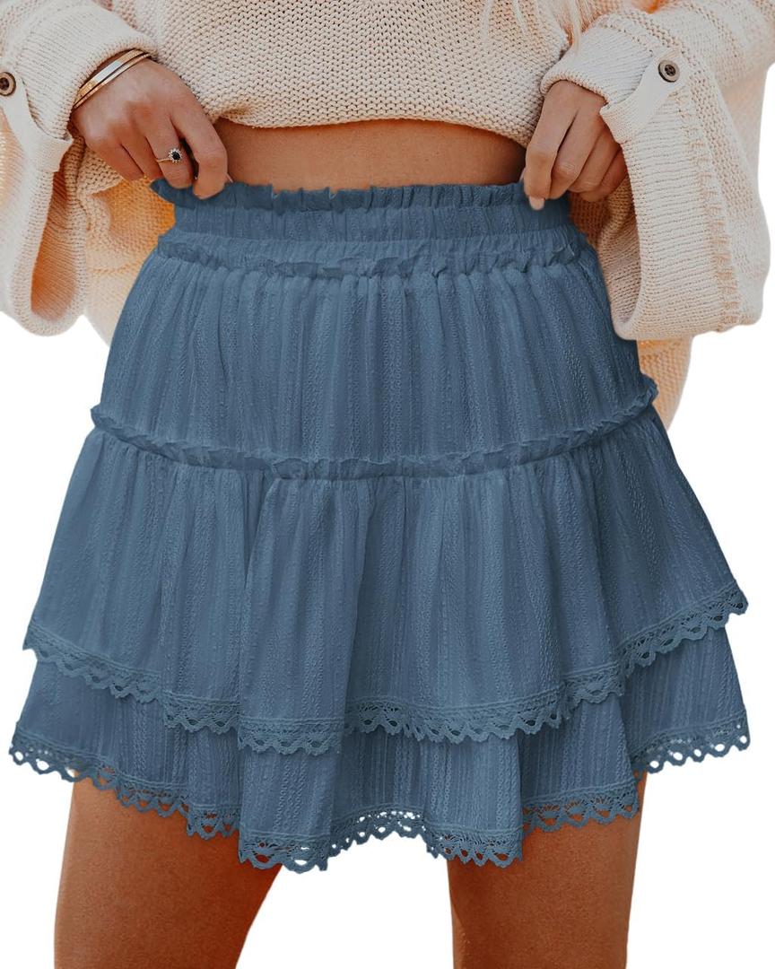 ZADORN Women's Ruffle Tiered Mini Skirts Embroidered Crochet 2025 Fall Skorts Flowy Boho Shorts Western Country Concert Outfits Denim Blue, Size: L