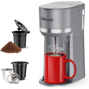 Horavie Mini Single Serve Coffee Maker for K Cup and Ground Coffee, Fast Brew One Cup Coffee Machine with Descaling Reminder and Water Window, 6 to 12 oz. Brew Sizes, Grey