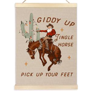Ecezatik Western Christmas Wall Decor, Christmas Rodeo Cowboy Santa Wall Art With Wooden Poster Hanger, Christmas Wall Decorations, Christmas Wall Hanging, Western Home Decor, 12x16 Inches