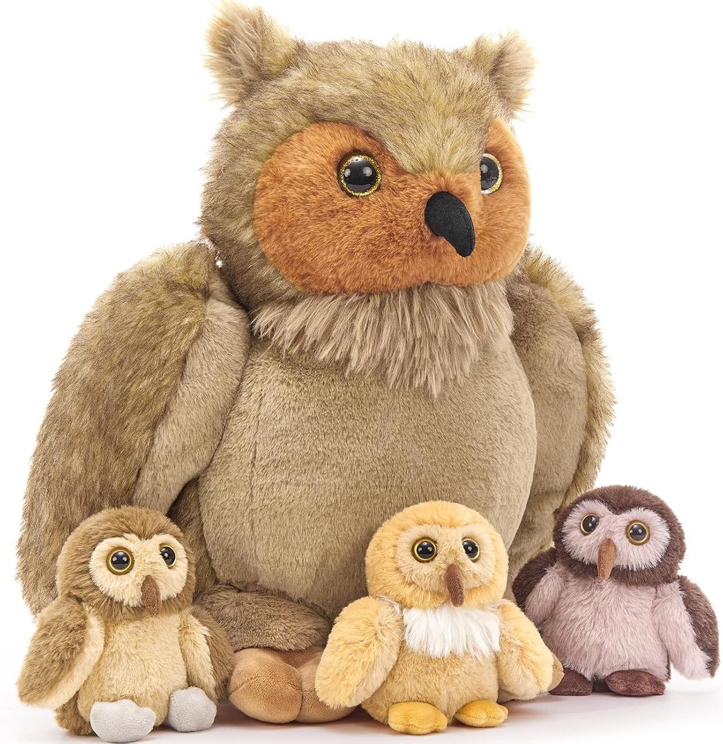 Tezituor 4-in-1 Owl Stuffed Animals Set, 20 Inch Large Mommy Stuffed Owl Plush with 3 Babies Toy, Soft Owl Plush Pillow for Girls Boys Birthday Christmas Decor