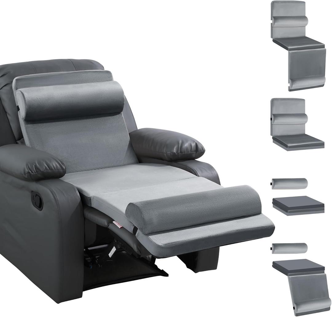 HOMBYS 5-in-1 Recliner Seat Cushion for Elderly+Lumbar Support Pillow + Leg Pad, with Adjustable Half Moon Neck Pillow & Footrest, Foam Filling with Velvet Fabric, Thick & Non-Slip, Grey