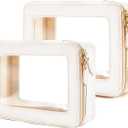 Aveniee Clear Makeup Bag Organizer, Portable Travel Toiletry Cosmetic Bag Case for Women, Heavy Duty Vegan Leather Make Up Pouch with Transparent Vinyl Windows & Gold Zippers 2pcs(Beige)