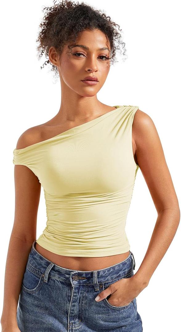 SUUKSESS Women Off Shoulder Tops Sleeveless Shirts Y2K Trendy Going Out Crop Tank Top (Butter Yellow, S)