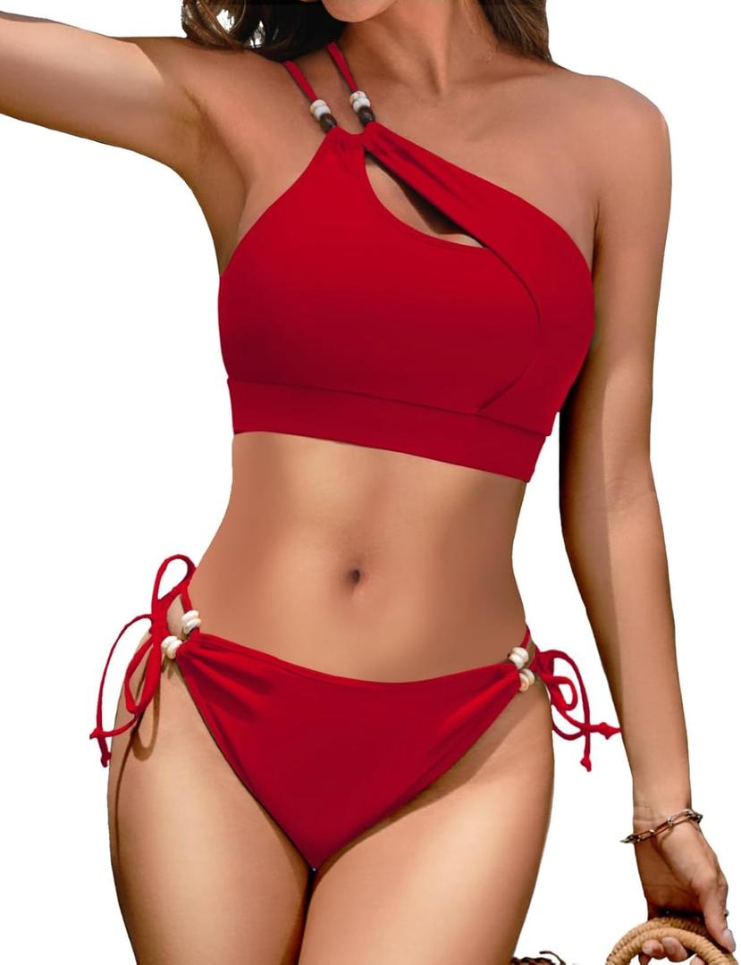 Women's One Shoulder Cutout Bikini Set 2 Piece Swimsuit Cheeky Bikini Beads Bathing Suit (Red, L)