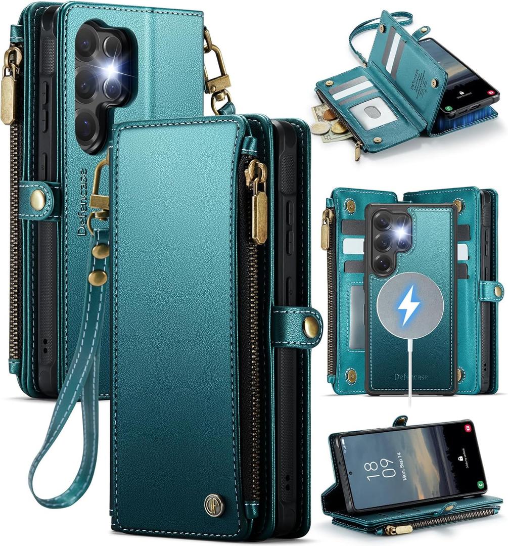 Defencase for Samsung Galaxy S23 Ultra Magnetic Wallet Case Compatible with Magsafe with RFID Blocking Zipper & Card Holder Women, PU Leather Detachable Phone Case for Galaxy S23 Ultra 6.8, Blue Green