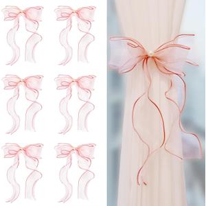 Elegant Bow Curtain Tiebacks, 6-Pack Satin Ribbon with Clip for Sheer Curtains, Decorative Butterfly Knot Window Holders, No-Tie Convenience & Easy Storage, Luxury Lace Trim Design (Pink)