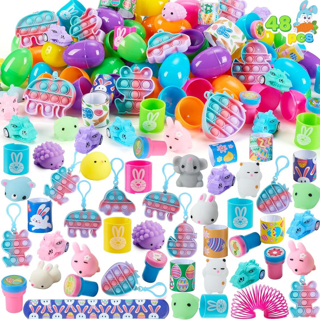 JOYIN 48 PCS Prefilled Easter Eggs with Assorted Toys, Stress Relief Toys for Easter Egg Hunt, Basket Stuffers, Party Favors, and Goodie Bag Fillers