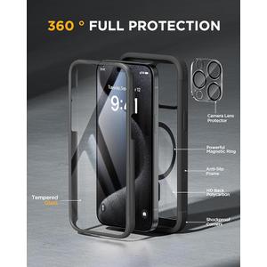 Miracase Magnetic for iPhone 15 Pro Max Case 6.7'' [Compatible with Magsafe] Full-Body Drop Proof Bumper Phone Case for iPhone 15 Pro Max with Built-in 9H Tempered Glass Screen Protector, Black